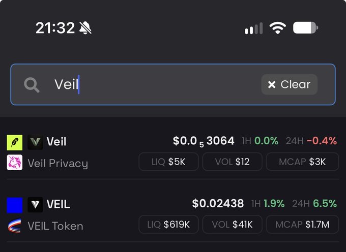 A search screen displays cryptocurrency results for 'Veil', showing 'Veil' with a price of '$0.0_53064' (24H -0.4%) and 'VEIL' at '$0.02438' (24H 6.5%), with market cap and volume metrics.