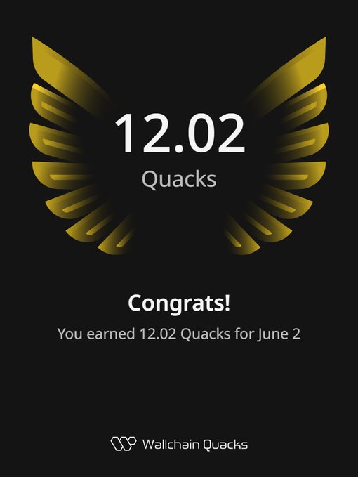 The image presents an award-winning featur of a bird (bird face), along with its achievement, which is 12.02 Quacks for June 2nd. The post was made by a user named @wallchainQuacks who has won this challenge. This post seems to have attracted attention as it mentions the "@wallchain Quacks" and the "WALLCHAIN QUACKS". It could be part of their social media strategy or an advertisement promoting the featur.