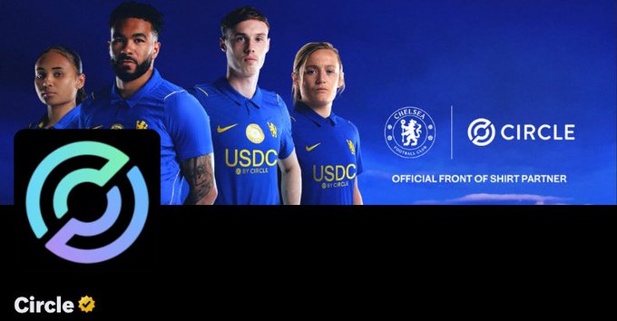 A promotional image for Circle announcing a partnership with Chelsea Football Club, featuring four players in blue kits with USDC by Circle sponsorship, the Chelsea crest, and text reading 'OFFICIAL FRONT OF SHIRT PARTNER.'