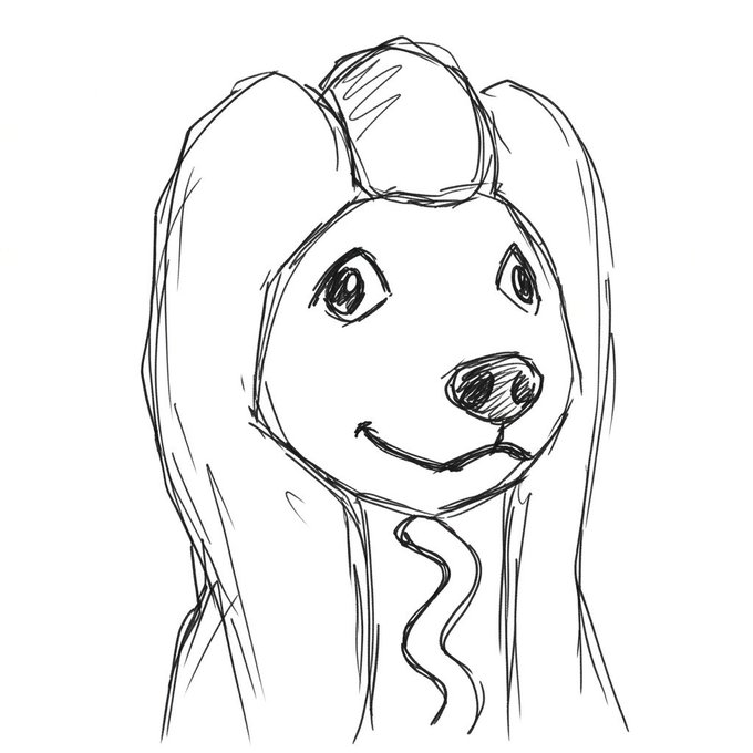 A rough hand-drawn sketch of a dog with a top knot hairstyle and pigtails, smiling at the viewer.