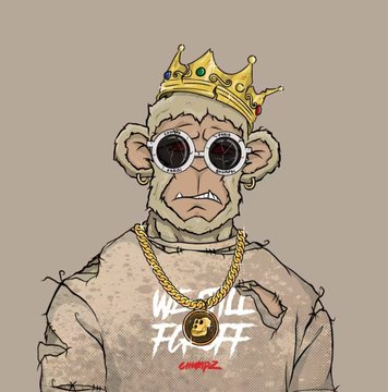 A cartoon illustration of a chimpanzee wearing a gold crown, large sunglasses, and a chain necklace over a sweatshirt reading "WE'LL FLUFF," with the "CHUMPZ" logo beneath. The image ties into the post by showcasing the mascot of the @chumpzonape NFT brand.