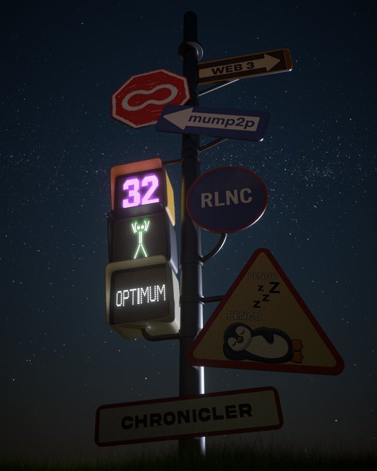 A digital artwork of a signpost at night displaying various signs including 'WEB 3', 'mump2p', 'RLNC', '32', 'OPTIMUM', 'CHRONICLER', and a warning sign featuring Snorlax.