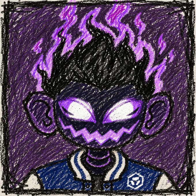 A hand-drawn, crayon-style illustration of a character with spiky black hair, glowing white eyes, a jagged purple mouth, and purple flame-like aura surrounding their head.