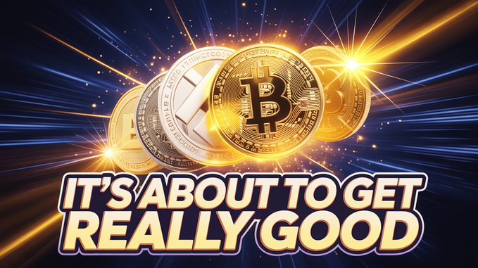 A dramatic illustration of golden Bitcoin and cryptocurrency coins bursting through a starry blue background, overlaid with the text "IT'S ABOUT TO GET REALLY GOOD," visually emphasizing the post's bullish claim about banks becoming fearful of Bitcoin's next moves.