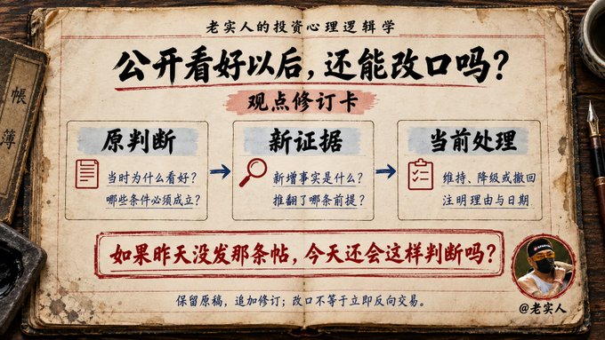 Chinese-language infographic titled '老实人的投资心理逻辑学' discussing investment revision logic with sections labeled '原判断', '新证据', and '当前处理', featuring the username @老实人.