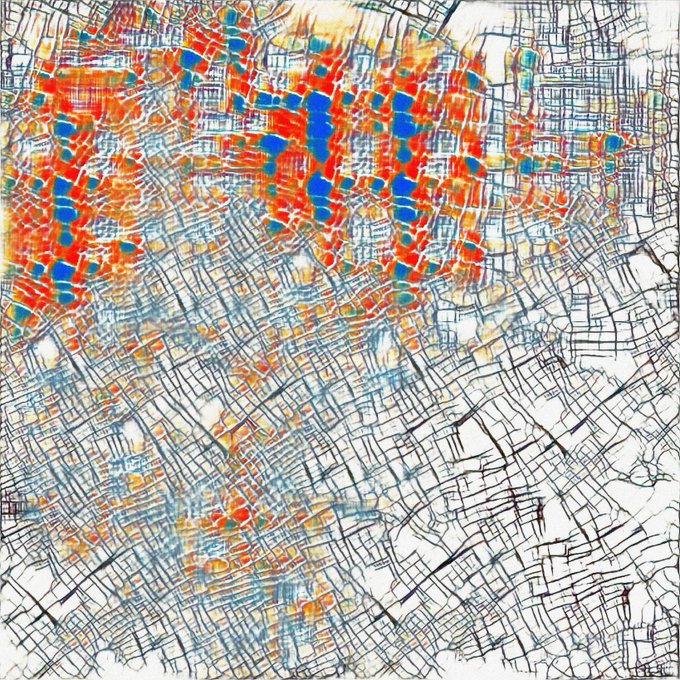 An abstract artwork resembling an aerial view of a city map, with dense red, orange, and blue blocks clustered in the upper left, fading into thin black line drawings on a white background.