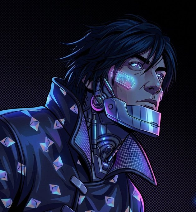 A digital illustration of a futuristic cyberpunk character with dark hair, glowing purple eyes, cybernetic facial implants, and a studded leather jacket against a dark mesh background.