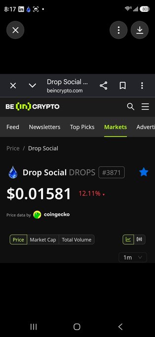 A mobile screenshot from BeInCrypto showing the price page for Drop Social (DROPS) token at $0.01581, up 12.11%, with price data provided by CoinGecko.