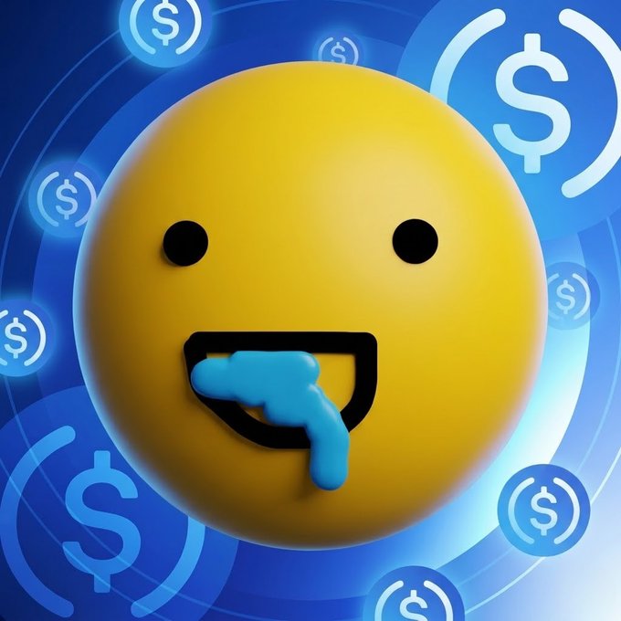 The image features a yellow smiley face with blue paint dripping down its chin, giving it a sad or disappointed expression. The background of the image is filled with circles containing dollar signs, which are scattered around the yellow smiley face. These dollar signs represent the fees associated with the dev-share platform, and they seem to be floating in front of the smiling face. This visual representation highlights the depreciating value of the app due to its high fees, as indicated by the decreasing number of circles surrounding the face.