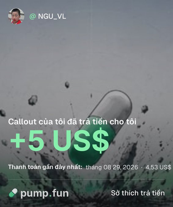 A social media post from user @NGU_VL in Vietnamese reading 'Callout của tôi đã trả tiền cho tôi +5 US$' showing a payment notification from pump.fun with a most recent payment of 4.53 US$ on 08/29/2026.