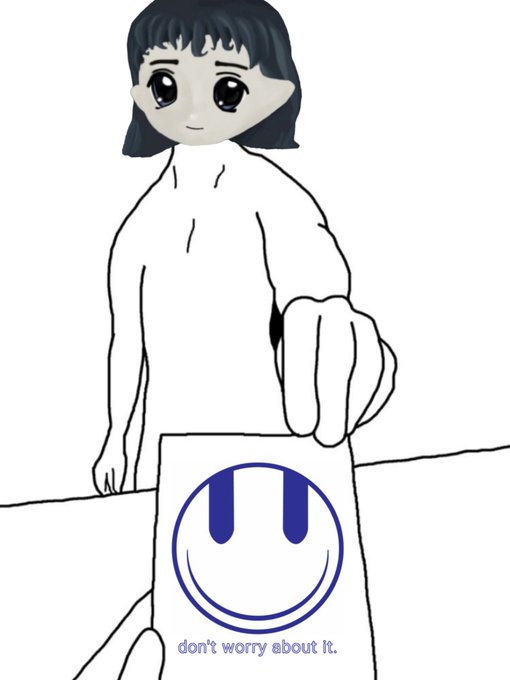 The image features a white cartoon character with black hair, wearing a blue shirt that has a smiley face drawn on it. The character appears to be reaching out towards another person holding a piece of paper or card. The text "don't worry about it" is written in blue at the bottom right corner of the image.