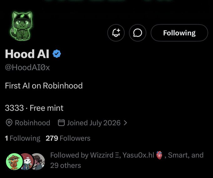 A Twitter/X profile for 'Hood AI' (@HoodAI0x) with a verified checkmark, described as 'First AI on Robinhood,' with 279 followers and a '3333 · Free mint' detail.