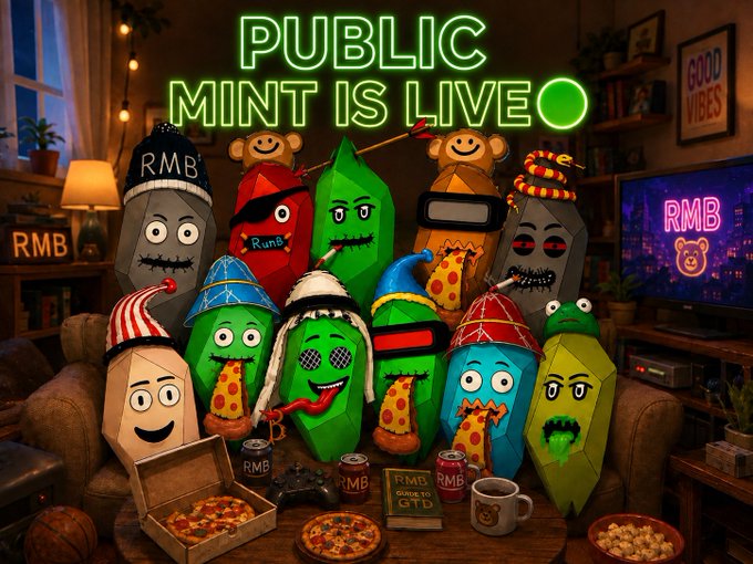 A vibrant promotional image featuring cartoon characters with green crystal-like bodies wearing various hats and accessories, with a neon sign reading 'PUBLIC MINT IS LIVE' and 'RMB' branding visible on hats, cans, and a TV screen in a cozy room setting.