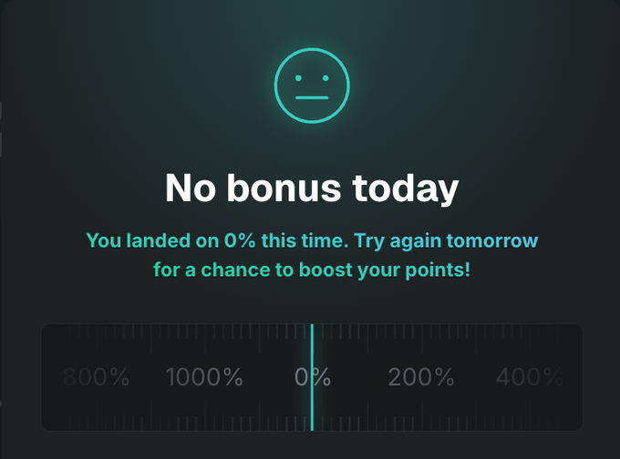 The image shows a "No bonus today" notification with a sad face icon, indicating the user landed on 0% on a bonus wheel with a range from 800% to 400%, encouraging them to try again tomorrow. This appears to be a humorous visual metaphor relating to the post's message about patience and waiting for yield farming opportunities with $STRC dividends payouts rather than impulsively jumping in.