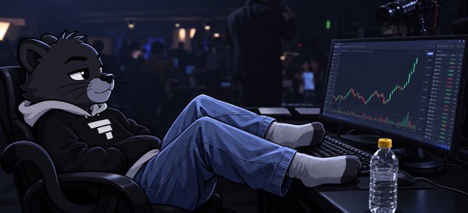 A smug, cartoon bear lounges casually in a gaming chair with feet propped up on the desk, staring intently at a monitor displaying a rising candlestick chart. The bear wears a black hoodie with a white "F" logo, embodying the meme of a carefree bear market trader who profits as others lose—reinforcing the post's jab that "this is who you're trading against."