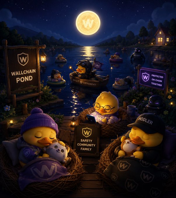 The image features a group of ducks sitting together on a dock at night with a full moon above them. The ducks are depicted as sleeping or resting peacefully, surrounded by various objects such as boats, lanterns, and flowers. The scene also includes text that reads "Wallchain Pond" and "Welcomer Community".