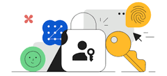 An illustration featuring icons representing user authentication, including a user profile silhouette in a lock, a key, a fingerprint, and a green checkmark badge.