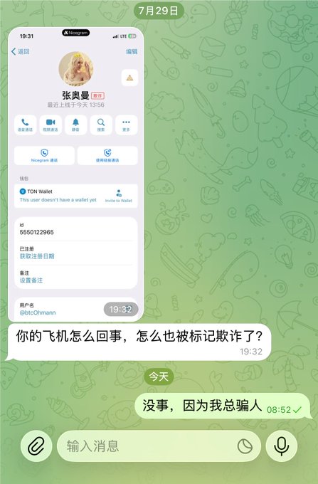 The image shows a Telegram chat where a user named "张奥曼" is flagged as a scammer, with a message asking "你的飞机怎么回事，怎么也被标记欺诈了？" (What happened with your Telegram, why are you marked as a scammer?), to which someone replies "没事，因为我总骗人" (It's fine, because I always scam people) at 08:52. This relates to the post's warning about scammers, using dark humor to highlight the prevalence of scam accounts being flagged in crypto communities like TON.