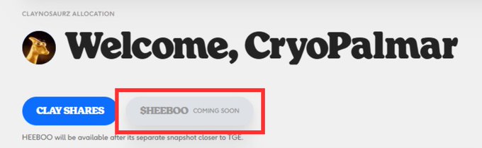 A "Claynosaurz Allocation" dashboard welcomes user "CryoPalmar" and shows a "SHEEBOO" allocation marked "COMING SOON," teasing a potential new ticker for holders. This supports the post's hint that more gifts beyond the current allocation are on the way, with SHEEBOO appearing to be a forthcoming ticker.