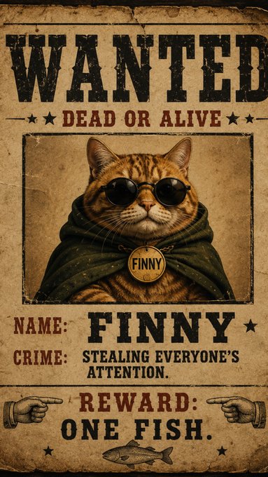 A vintage-style "WANTED DEAD OR ALIVE" poster featuring a cat named "FINNY" wearing sunglasses and a green cloak, wanted for "STEALING EVERYONE'S ATTENTION" with a reward of "ONE FISH".