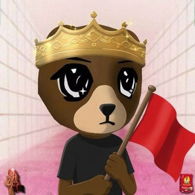 A cartoon bear character wearing a golden crown with starry eyes holds a red flag, fitting the "Red Flags NFT" theme mentioned in the post. The post advertises a freemint on Robinhood App with 5x guaranteed spots for RedFlags_NFT, requiring a follow and an EVM wallet drop within 24 hours.