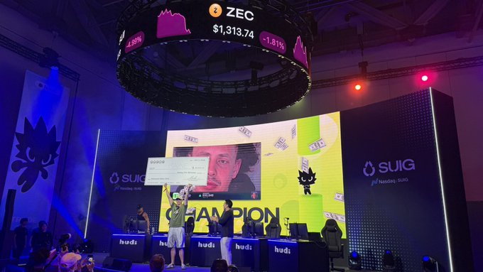 A photograph taken at a gaming event showing a 'CHAMPION' screen with a player celebrating, while a large circular overhead display shows cryptocurrency ticker 'ZEC' at $1,313.74 (-1.81%) and another at 4.39%, with 'SUIG' branding visible on the side screens.