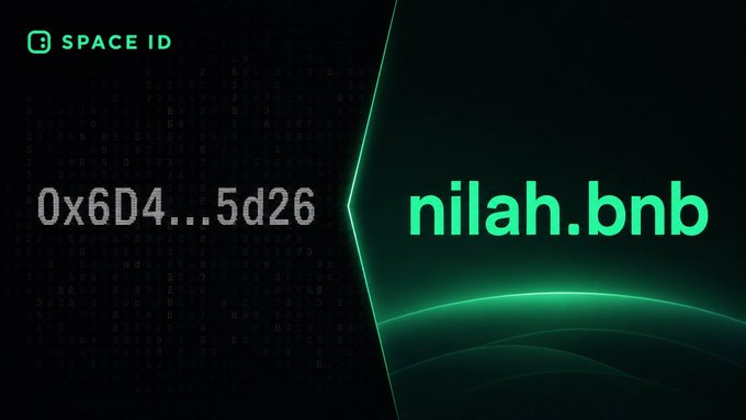 The Space ID promotional image contrasts an anonymous wallet address "0x6D4...5d26" with a human-readable domain name "nilah.bnb" against a green digital background, illustrating the post's message that branded web3 names give wallets a more personal, recognizable identity than cryptic hexadecimal addresses.