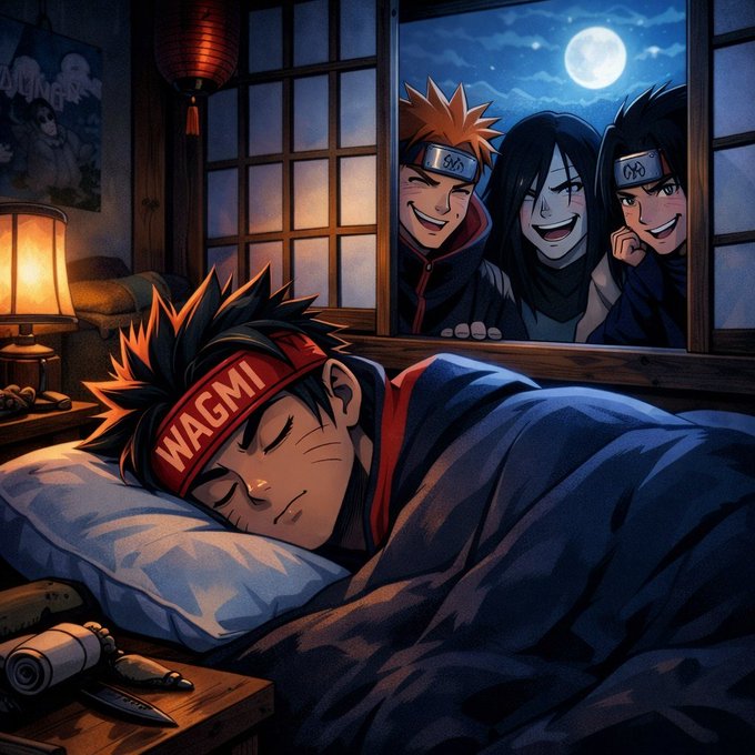 Anime-style illustration of a boy with a 'WAGMI' headband sleeping in a traditional Japanese room while three other characters (Pain, Orochimaru, and Itachi from Naruto) smile menacingly at him through the window under a full moon.