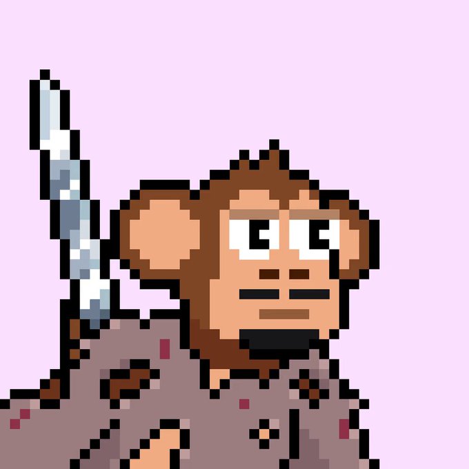 A pixel art illustration depicts a monkey-like creature wielding a sword against a solid light purple background.