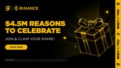 This promotional image for Binance features a black background with gold accents displaying "$4.5M REASONS TO CELEBRATE" in large text, along with a glowing wireframe gift box and a "START NOW" button, with the post discussing personal reflection on an early crypto journey and the invitation to "join & claim your share."