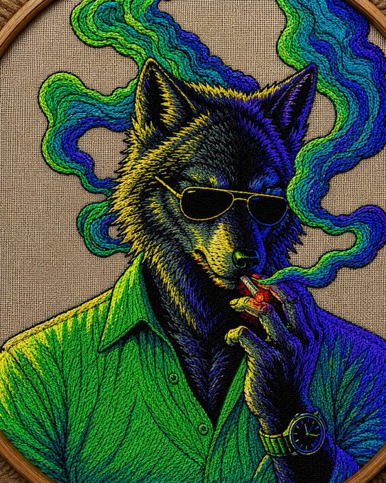 A vibrant, embroidered-style illustration of a wolf wearing sunglasses and a collared shirt, smoking a cigar while smoke swirls into colorful green and blue patterns around its head.