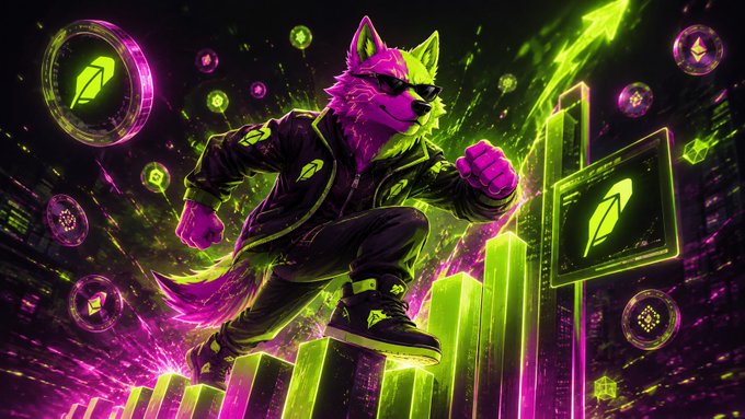 A vibrant magenta and neon green anthropomorphic fox wearing sunglasses leaps dynamically over rising green bar charts and floating ARROW-themed cryptocurrency tokens, visually embodying the bullish "Robinhood ETF" memecoin concept that tracks multiple pinned assets to launch upward in value.