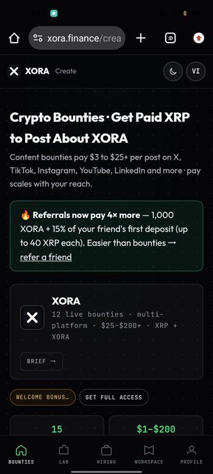 A mobile screenshot of the XORA Finance website showing 'Crypto Bounties: Get Paid XRP to Post About XORA,' offering content bounties of $3 to $25+ per post, with a referral program and 'WELCOME BONUS' option.