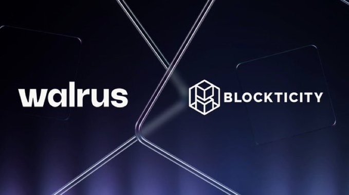 The 'walrus' and 'BLOCKTICITY' logos are displayed side by side on a dark background with geometric light lines.