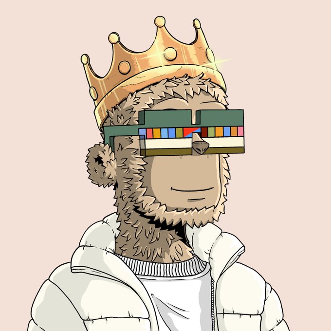 A cartoon character with a furry brown face wears a golden crown, pixelated sunglasses in rainbow colors, a white puffer jacket, and a white t-shirt against a light pink background.