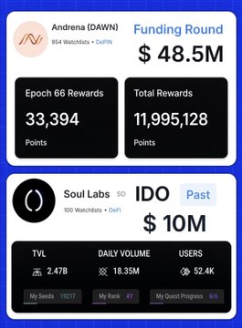 A dashboard showing Andrena (DAWN) with a $48.5M funding round, 33,394 Epoch 66 rewards points, and 11,995,128 total rewards, alongside Soul Labs ($0) IDO past $10M raise with 2.47B TVL, $18.35M daily volume, and 52.4K users — visualizing details of crypto projects highlighted as "most awaited millionaire projects" in the post.