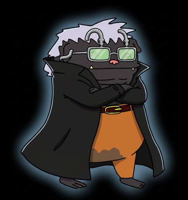 An illustrated black cat character with glasses and a cape stands with arms crossed against a dark background.