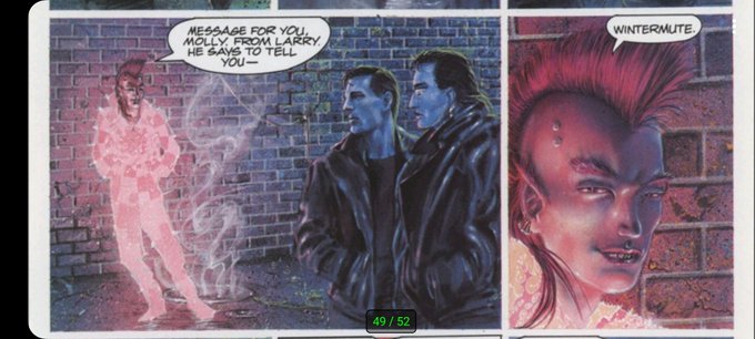 A comic book panel showing characters with blue skin and a pink-haired figure, with speech bubbles reading 'MESSAGE FOR YOU, MOLLY. FROM LARRY. HE SAYS TO TELL YOU—' and 'WINTERMUTE.'