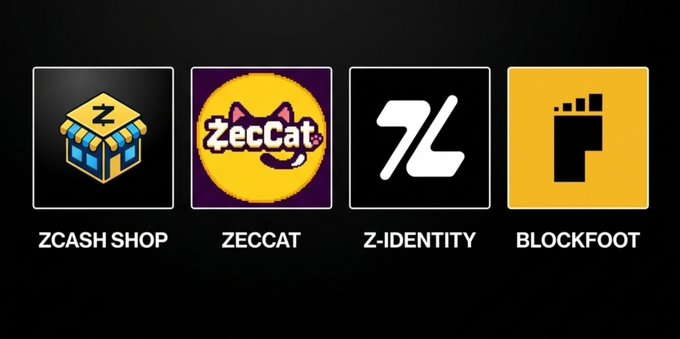 Four app/brand logos are displayed against a black background: ZCASH SHOP (shop icon with Z), ZECCAT (cat logo), Z-IDENTITY (stylized Z), and BLOCKFOOT (candle icon).