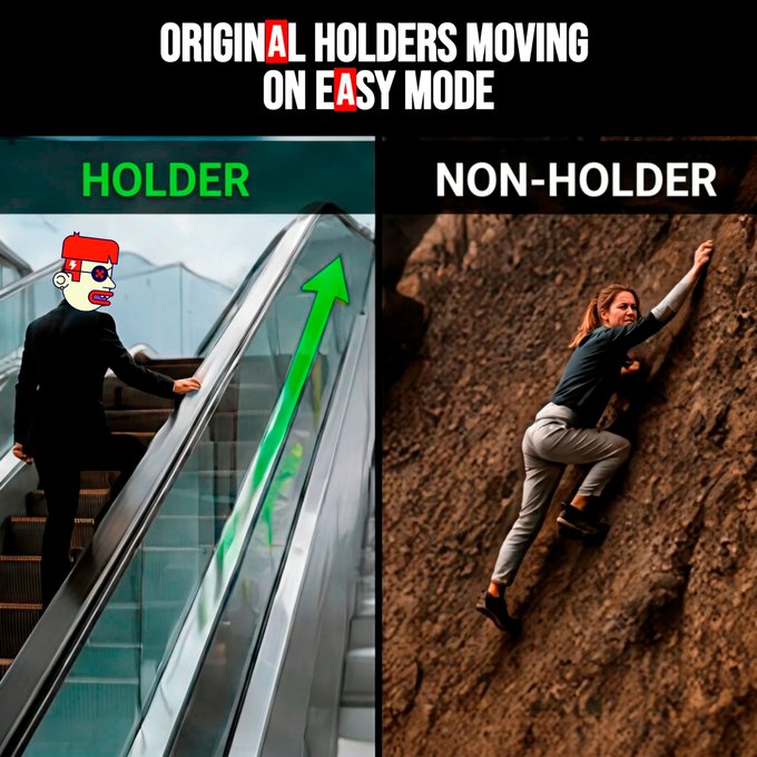 The image shows two versions of a person standing at an escalator - one wearing a red shirt, blue pants, and a Batman mask climbing up the steps with a green arrow pointing upwards (left), and another person wearing gray pants holding onto the handrail while riding in the opposite direction on the same escalator (right). The image also includes text promoting "Original Holders Moving On Easy Mode" and "Non-holder Non-holder".