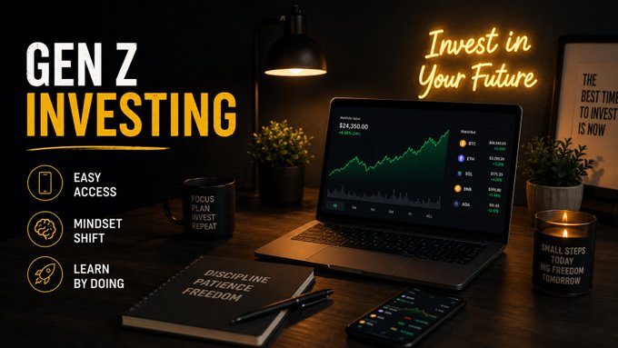 A 'GEN Z INVESTING' themed graphic featuring a laptop displaying stock charts, a 'Invest in Your Future' neon sign, and a desk with a 'FOCUS PLAN INVEST REPEAT' mug.
