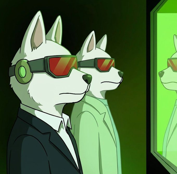 The image features two white dogs wearing sunglasses and standing next to each other with their heads tilted back as if they are looking at something or someone behind them. The background of the image is black, which contrasts with the white fur of the dogs. There is a green mirror in the scene that reflects the dogs' faces, adding depth to the image. The caption below the image reads: "What is your favorite Doginal Dogs lore/moments.. Let me know in the comments, i’m making a list."