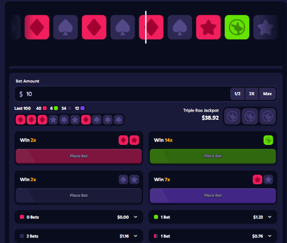 A Roobet betting interface displays a "Slide" game with various suit symbols (diamonds, spades, stars) highlighted in pink and green, showing a Bet Amount of $10 and a Triple Roo Jackpot of $38.92, alongside betting options with multipliers of 2x, 14x, 2x, and 7x. The image relates to the user's post by showcasing the Slide game they're switching to when they want to "tweak some numbers," illustrating their indecisiveness between Roobet's games like Coinflip, Roulette, and Slide.