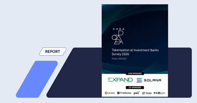 A report cover titled 'Tokenization at Investment Banks Survey 2026 FINAL REPORT' by SODA, featuring lead sponsors Expand and Solana, and co-sponsors including Canton, Fireblocks, pwc, Stellar, and ZKSync.