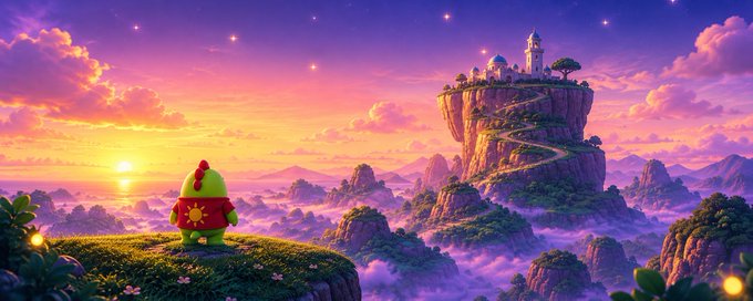 A small green and red robed figure stands on a cliff edge looking out over a misty valley at sunset toward a distant castle-topped peak.