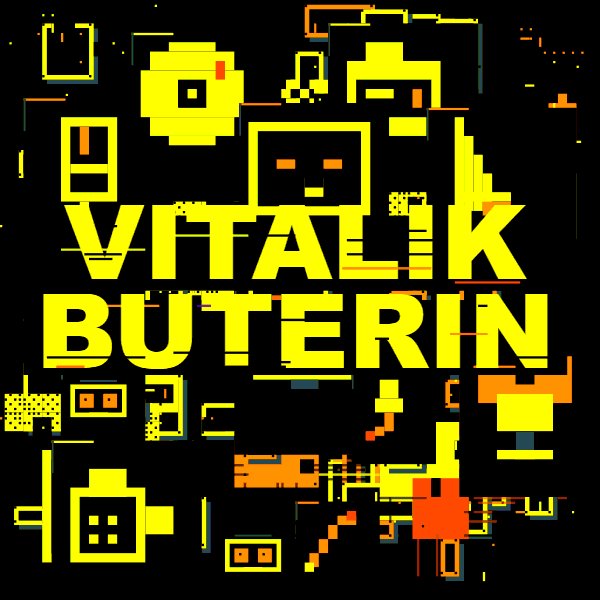 The image features a black background with yellow text that reads "Vitalik Buterin", which appears to be a reference to the game "Vitalik". The text is surrounded by various shapes, including squares, circles, and triangles, creating an abstract design. There are also small icons scattered throughout the image, adding visual interest to the overall composition.