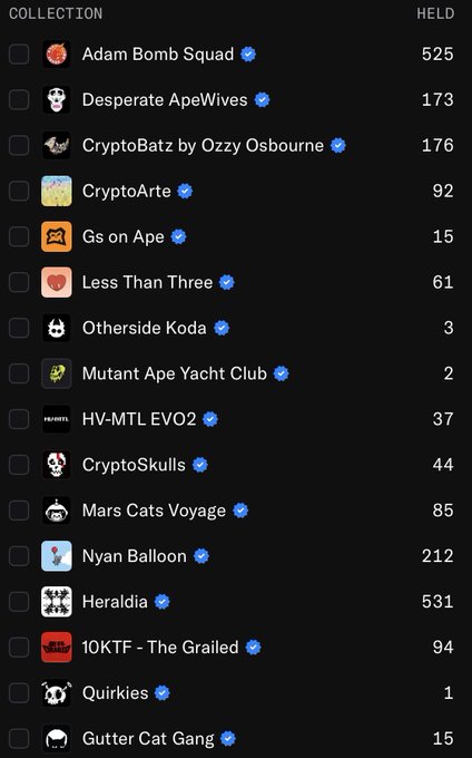A screenshot of an NFT collection list showing various Web3 projects including Adam Bomb Squad (525), Nyan Balloon (212), Heraldia (531), and others with their respective holdings.