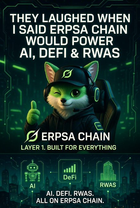 A meme-style promotional poster for 'ERPSA CHAIN' featuring a cartoon fox character in a cap, with the text 'THEY LAUGHED WHEN I SAID ERPSA CHAIN WOULD POWER AI, DEFI & RWAS' and icons representing AI, DeFi, and RWAS.