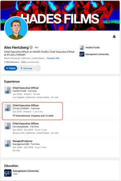 A screenshot of Alex Hertzberg's LinkedIn profile, showing him as Chief Executive Officer of HADES FILMS, with a row of entertainment-related roles highlighted in an orange box. The post highlights his professional background in entertainment, which contrasts with the PTSD NFT project's roots in crypto-native communities, suggesting the project's leadership and its "blue-chip" image may rely more on traditional entertainment credentials than organic Web3 culture.