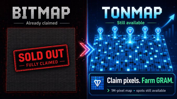A promotional graphic contrasts 'BITMAP' (marked 'SOLD OUT - FULLY CLAIMED') with 'TONMAP' ('Still available'), advertising 'Claim pixels. Farm GRAM' with '1M-pixel map' and 'spots still available.'